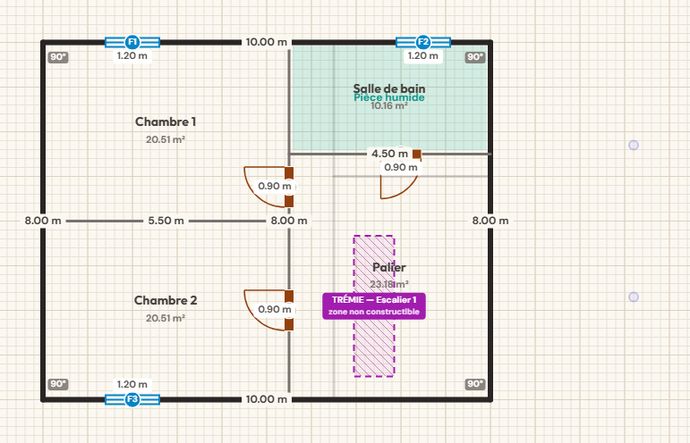Plan de l'étage : deux chambres de 20,51 m², salle de bain de 10,16 m² en pièce humide, palier de 23,18 m² desservant les trois pièces par trois portes. La trémie de l'escalier y est reportée en hachures et signalée « zone non constructible ». Les cloisons du rez-de-chaussée apparaissent en traits pâles.