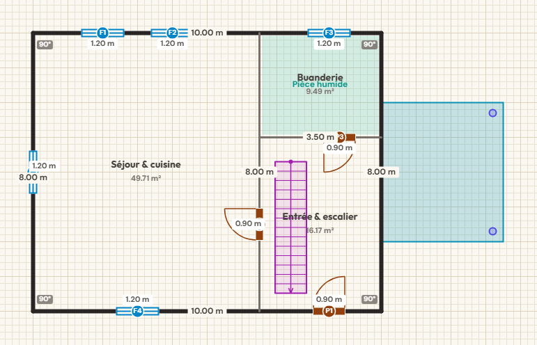 Plan du rez-de-chaussée : séjour-cuisine de 49,71 m², buanderie de 9,49 m² en pièce humide, entrée desservant l'escalier droit. Porte d'entrée et deux portes intérieures avec leur arc de débattement, cinq fenêtres. Terrasse couverte de 3,50 × 4,00 m portée par deux poteaux. Cotes de 10,00 m et 8,00 m sur les murs.